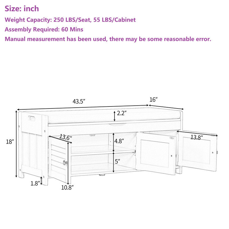 Upholstered Storage Bench with 2 Cabinets, Espresso