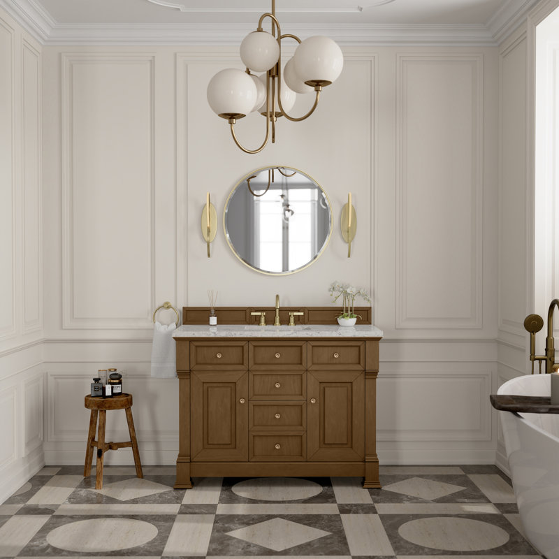 Brookfield Single Vanity W/ Freepower Wireless Charger, Honey Oak, 48", Eternal Jasmine Pearl