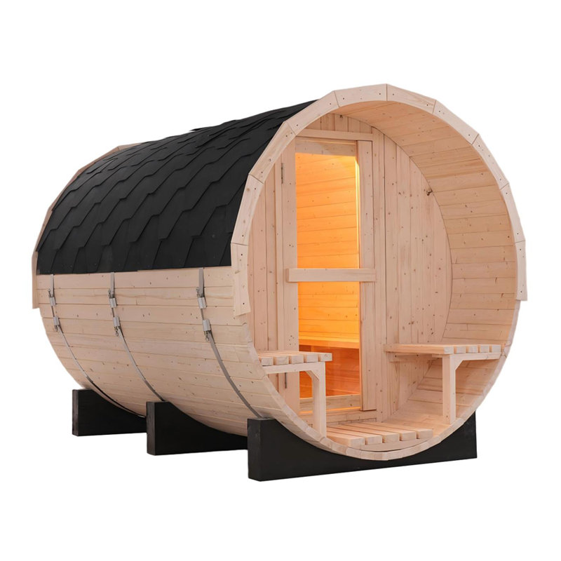 4-6 Person Outdoor Traditional Steam Barrel Sauna - Natural White Pine Wood, Round Backyard Spa With Built-In Seating