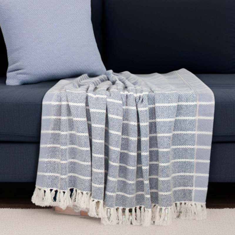 Jeté rayé en coton tissé bleu