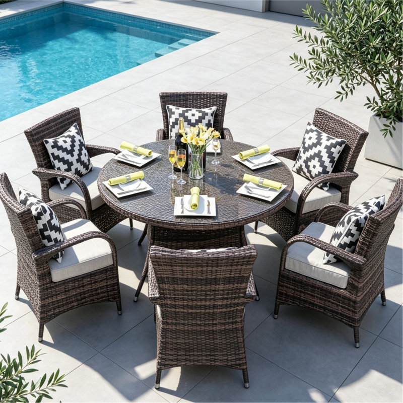 Indiya 6 - Person Premium All-Weather Wicker Patio Dining Set with Round Table , Cushions Included