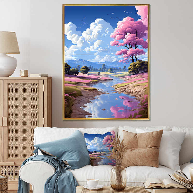 «Rose and Blue Pink Traverse River», art mural abstrait, Cadre flottant doré, 20" H x 12" W