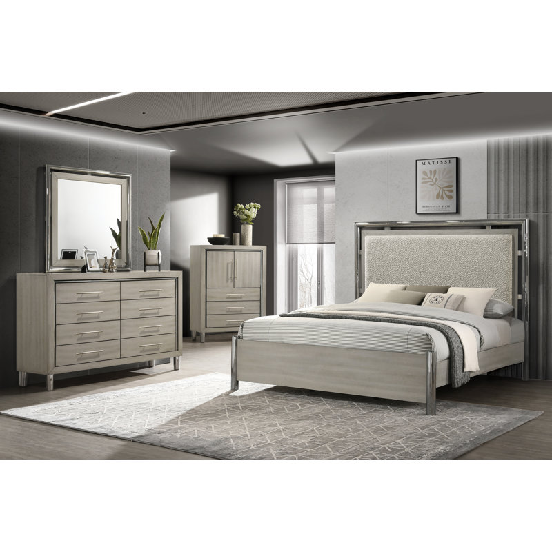 Ensemble de chambre avec très grand lit en bois 4 pièces Carthage, Ensemble de 4 pièces : lit, commode, miroir, comm
