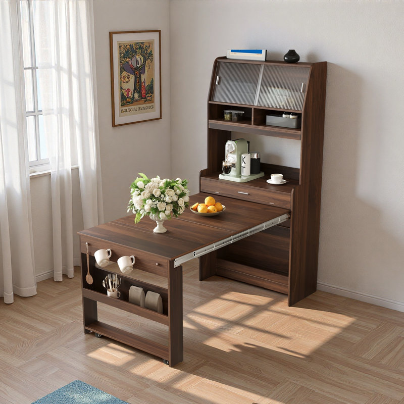 Buffet avec table de salle à manger pliable, armoires, tablette de rangement et crochets latéraux