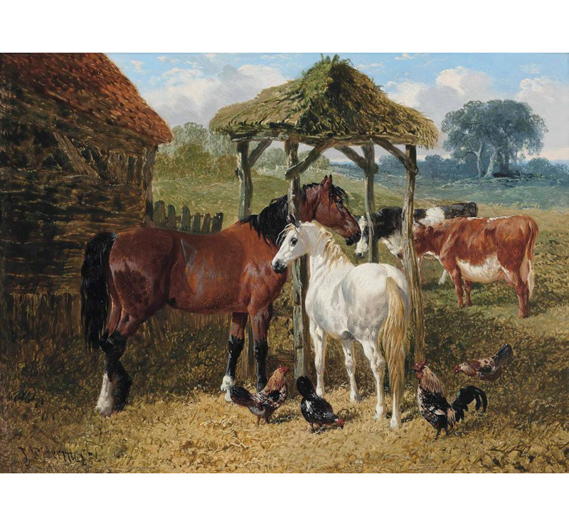 "Chevaux, vaches et poulets dans une basse-cour" par John Frederick Herring Jr. - Art mural sur toile tendue avec châssis