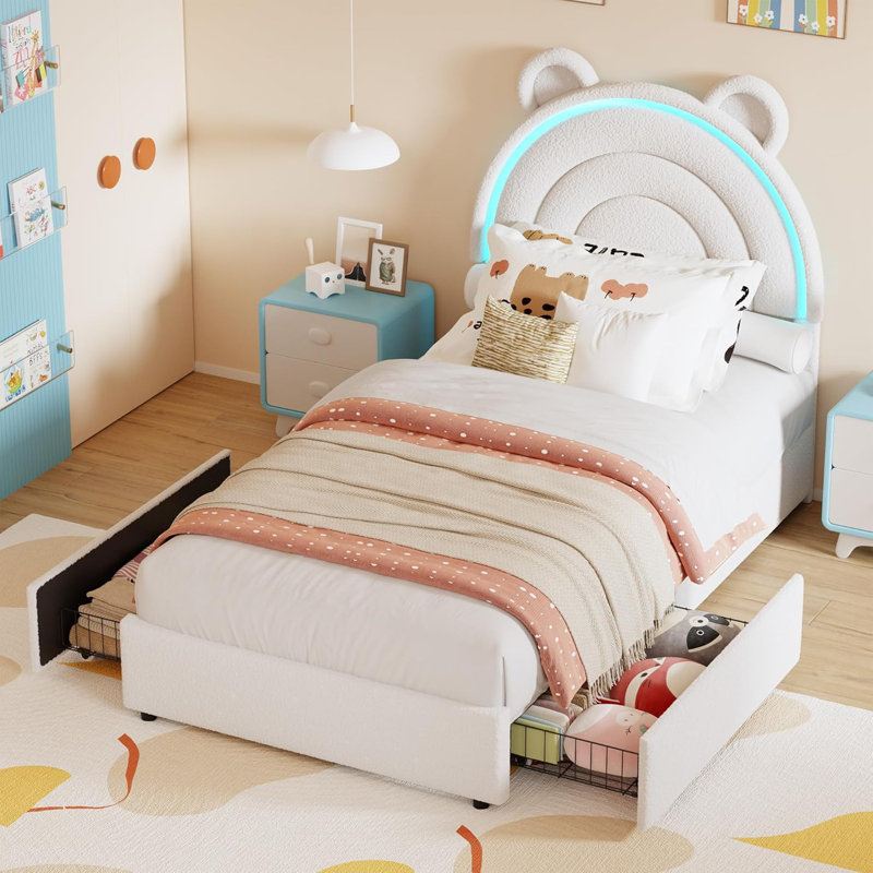Structure de lit simple avec 4 tiroirs de rangement et lumières DEL, lit plateforme tapissier en velours avec tête de lit arc-en-ciel, support de lattes en bois massif, aucun sommier nécessaire