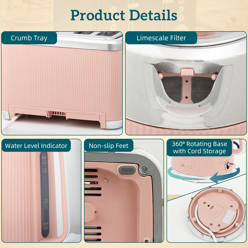 HOMCOM 1.7L 3000W Rapid Boil Kettle and 4 Slice Toaster Set, Pink