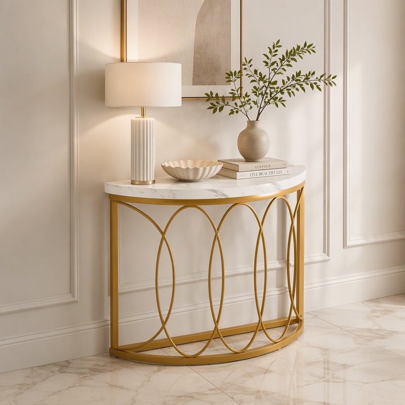 Faux Marble Console Table, 43" Half Moon Sofa Entryway Table