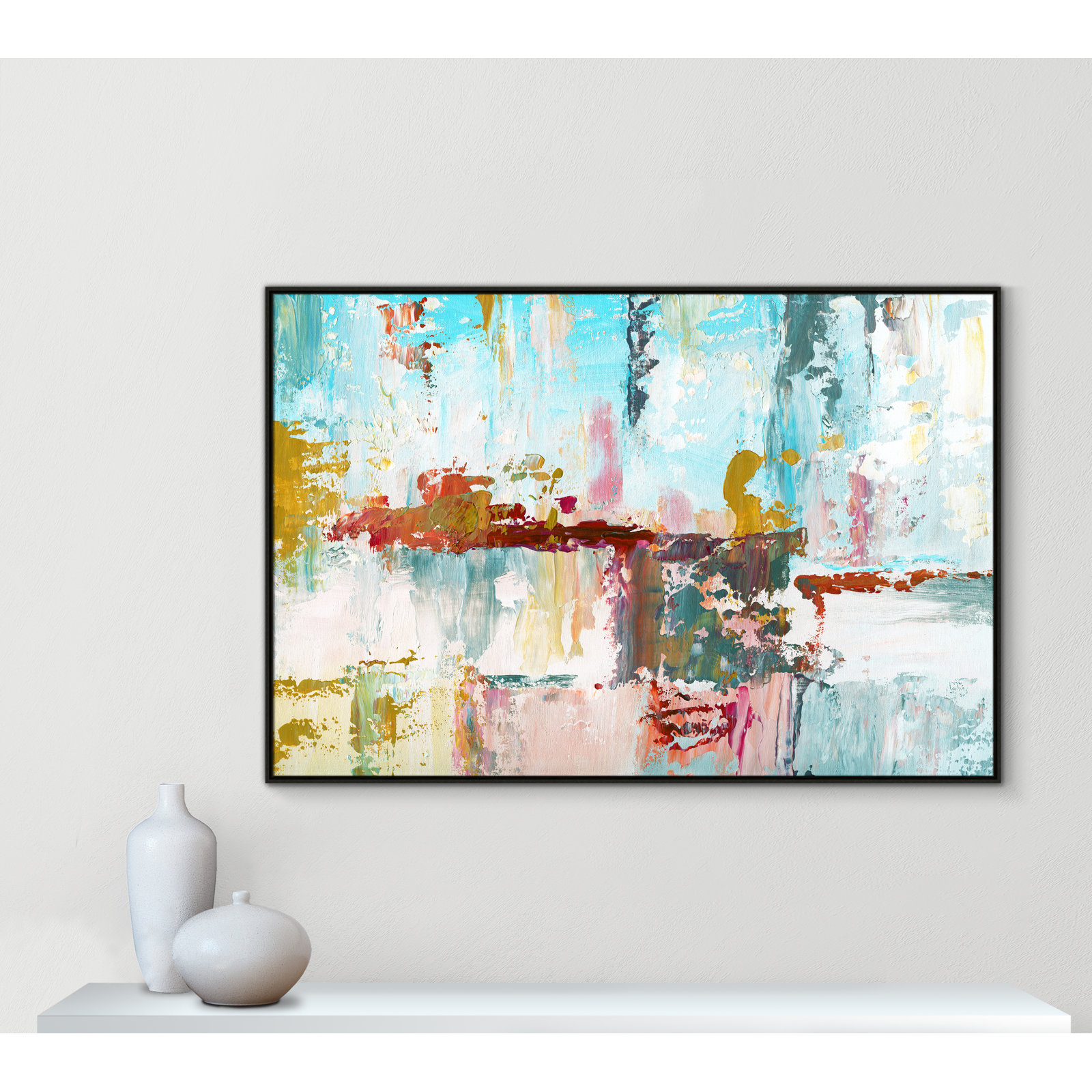 Color Block Splash by Nan - Floater Frame Print on Canvas, 41.5" H x 61.5" W x 2" D, Espresso