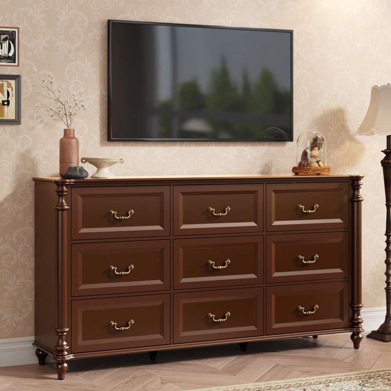 Commode de rangement 9 tiroirs 63 po avec poignées en laiton, Marron foncé