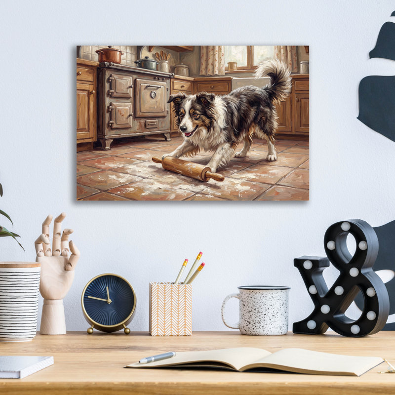  «Border Collie In The Kitchen» par Rich Monet, art mural en verre acrylique, 16 po x 12 po, H 12 po x l 16 po