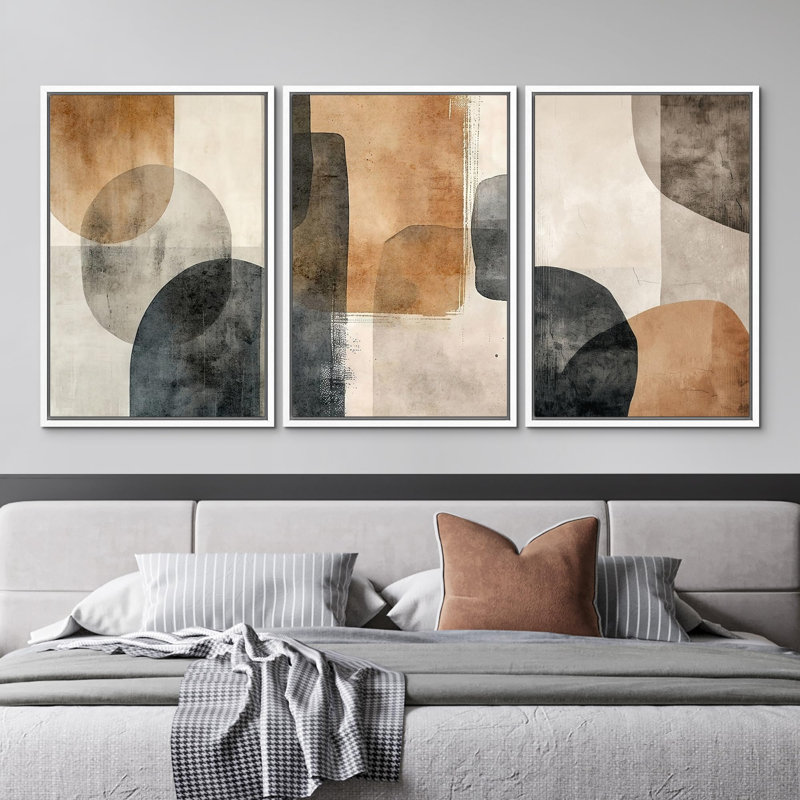 "Illustration contemporaine de tons de terre abstraits avec motifs géométriques" - 3 pièces, H 36 po x l 24 po, Blanc
