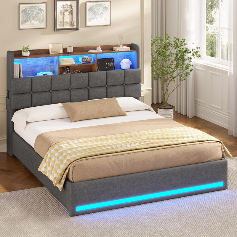 Upholstered Bed with Ottoman Under-bed Storage and Charging Station, Kingsize (5'), Gray