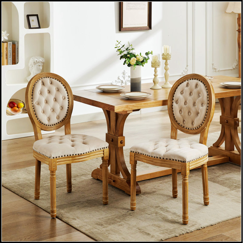 Ensemble de 2 chaises de salle à manger élégantes de style français avec structure en bois massif, revêtement en velours, garniture cloutée et ressorts en acier