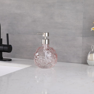 Distributeur de savon en verre transparent, rechargeable, pour salle de bain, cuisine et comptoir de travail. Design élégant et durable, écologique et élégant. Accessoire de maison tendance (motif floral rose pêche).