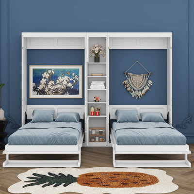 Double lit escamotable mural simple avec armoires et tablettes, lit escamotable escamotable escamotable en bois pour bureau à domicile ou petite pièce