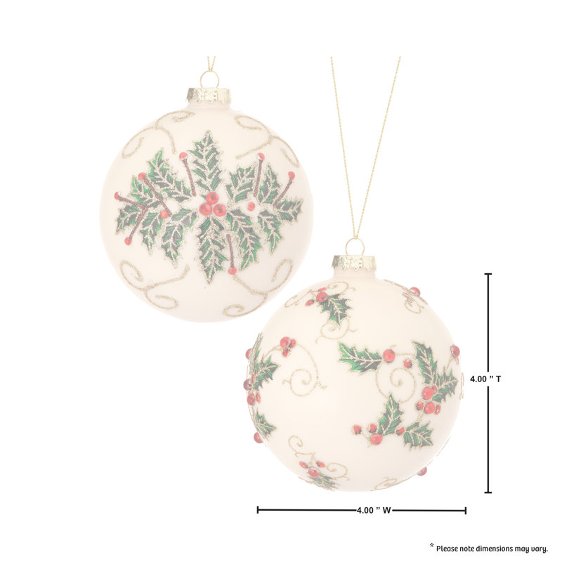 4" Glass Jewel Holly Vine Ball Ornaments