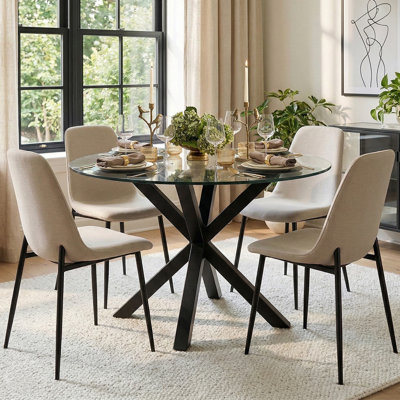 4 - Person Dining Table Sets With Glass Round Table & 4 Upholstered Chenille Chairs