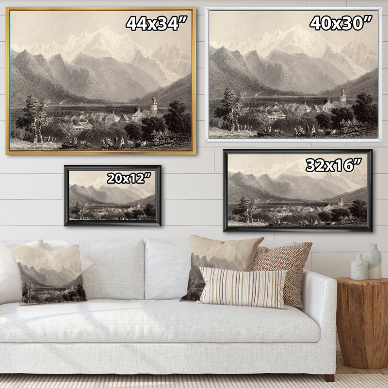 Mont Blanc monochrome - impression sur toile, Cadre flottant noir, H 16 po x l 32 po