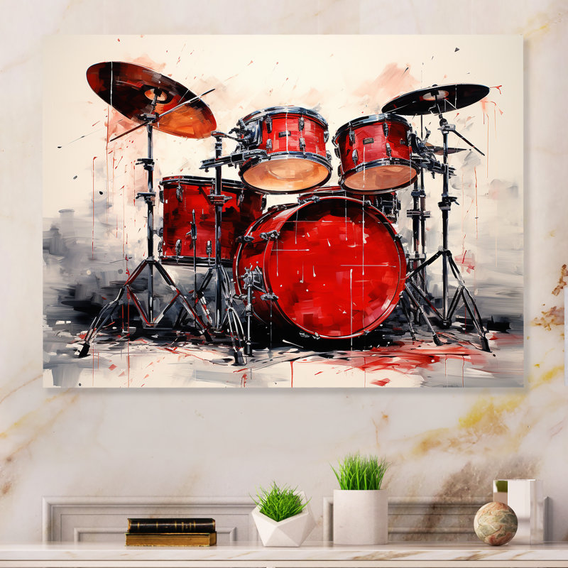 «Music Drums Pulse Deep Red I» sur métal, H 12 po x l 20 po