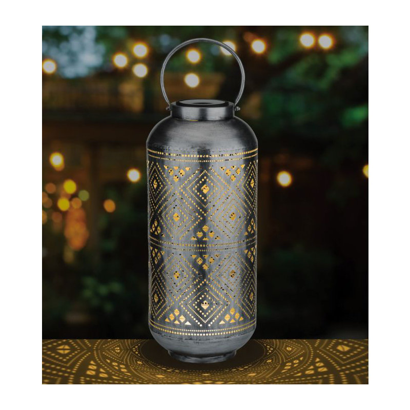 25" Metal Cylinder Shadow Solar Lantern with Decorative Perforated Floral Pattern and Top Handle - Bronze, Silver