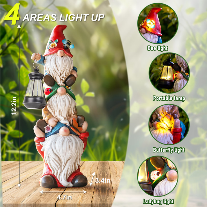 Statue de gnome de jardin avec lumières solaires et sculptures de jardin amusantes, triple gnome, patio extérieur, jardin, balcon, décoration intérieure, cadeau d'anniversaire, 12 en gnome d'été