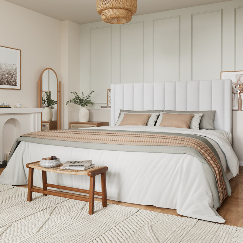 Modern Velvet Upholstered Platform Bed with Headboard, No Box Spring Needed, King, White