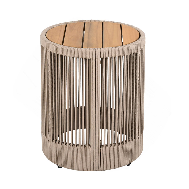 Table d'appoint d'extérieur en corde de rotin et bois, table d'appoint de patio résistante aux intempéries, Teck / beige