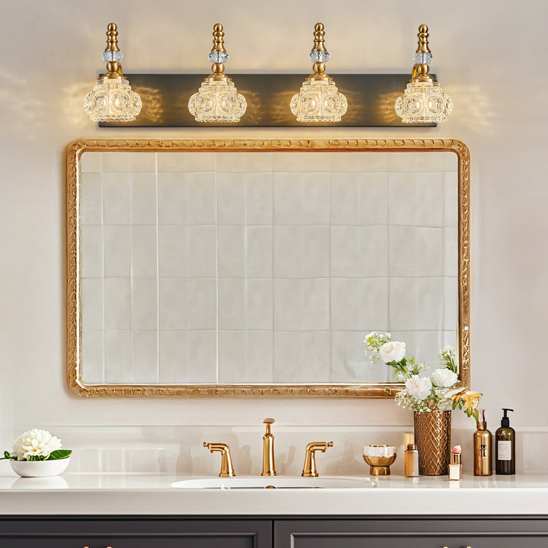 Modern Vintage Glass Vanity Light Bathroom Over Mirror Lighting Fixtures Glass Shade Wall Sconces, ‎Black/Gold, 4 Lights
