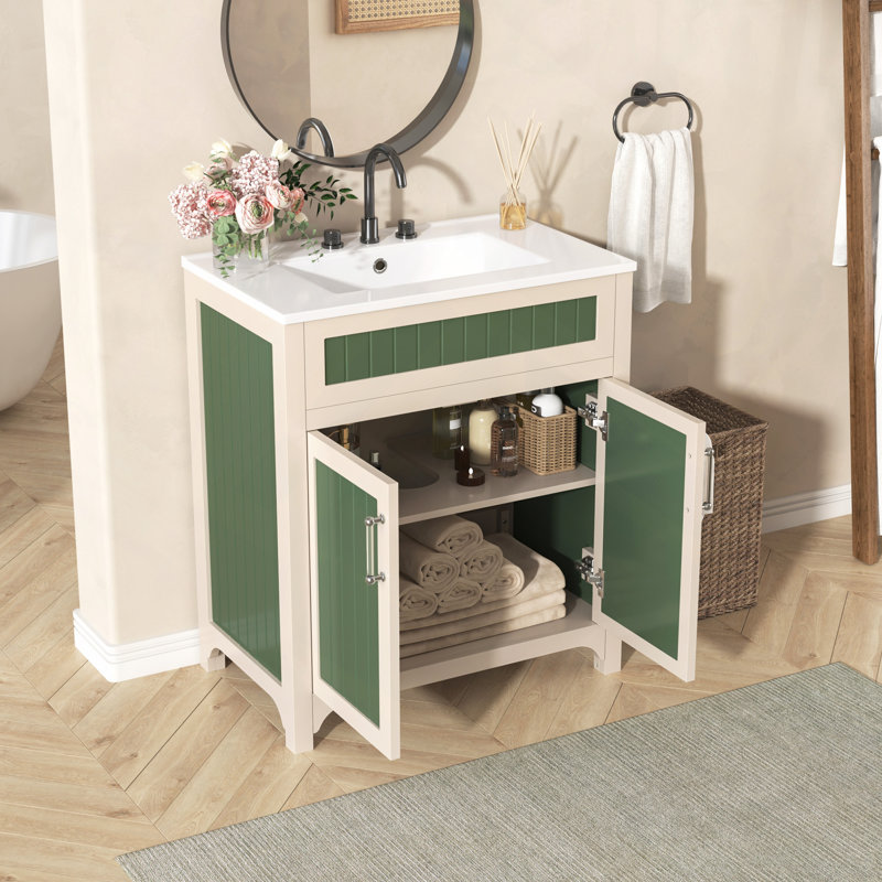 Ensemble de meuble-lavabo 30 po avec lavabo en céramique, armoire de rangement moderne avec cadre réglable en bois massif