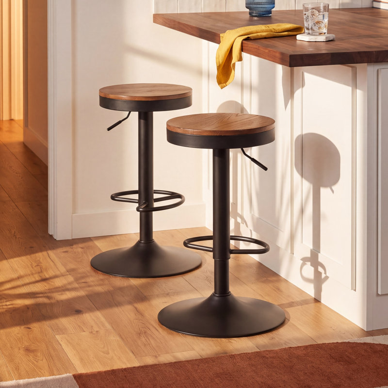 Jaina 15.2" W Solid Wood Swivel Adjustable Height Bar Stool, Walnut/Black, 2