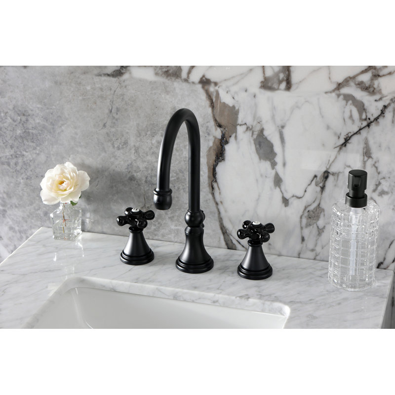 Kingston Brass Duchess Two-Handle 3-Hole Deck Mount Widespread Bathroom Faucet with Brass Pop-Up Drain, Matte Black