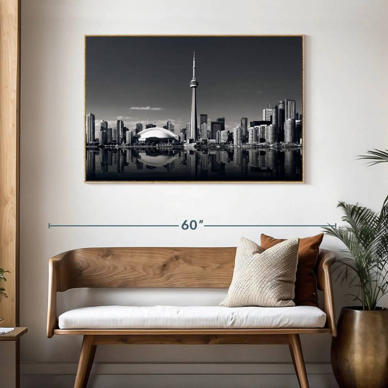 Horizon de Toronto monochrome, Cadre flottant en bois naturel, 46 po x 31 po