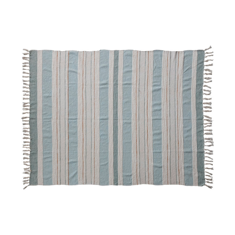 Blue and Cream Striped Cotton Throw with Fringe