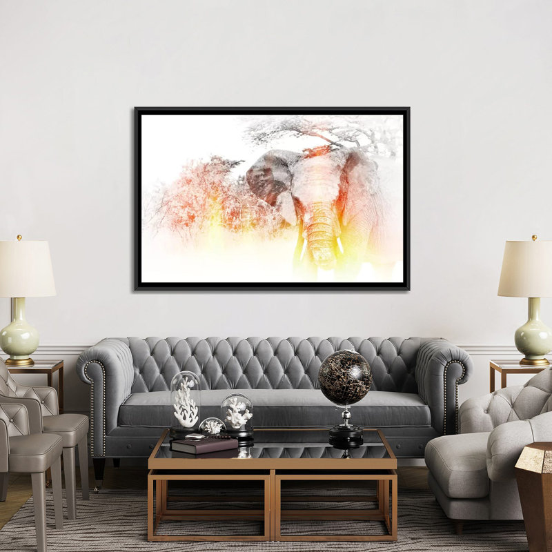 «Golden Elephant», reproduction sur toile, H 18 po x l 26 po x P 1,5 po, Toile avec cadre noir, Pas de tapis