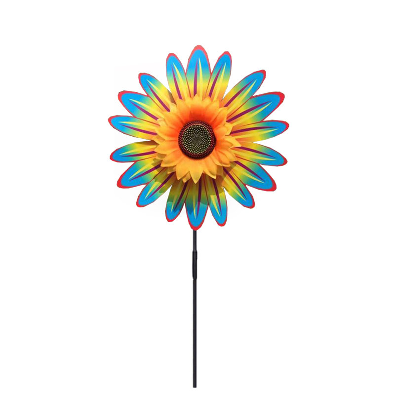 Moulin à vent de tournesol de 14 po de diamètre avec accessoires, décoration de jardin extérieur, orange et bleu