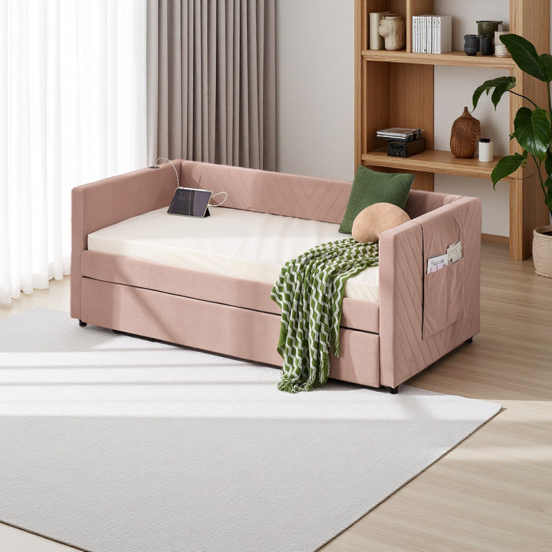 Lit de jour simple rembourré avec lit gigogne, port USB, poches latérales, dossier à profil en V moderne, aucun sommier nécessaire, pour chambre à coucher, chambre d'amis