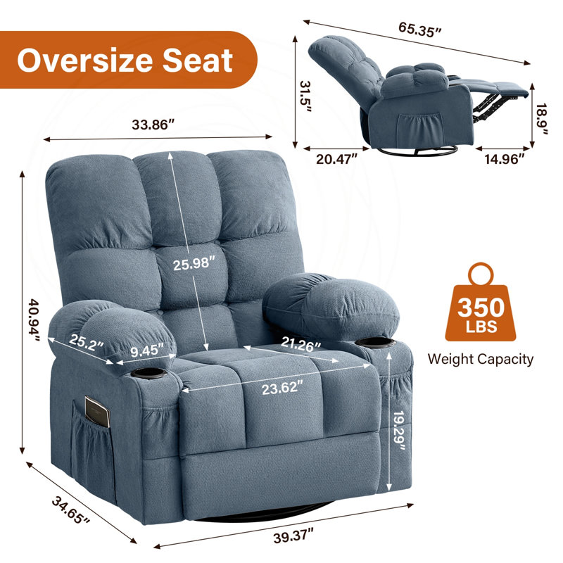 Fauteuil inclinable pivotant surdimensionné avec chauffage et port USB, Tissu bleu, Bleu