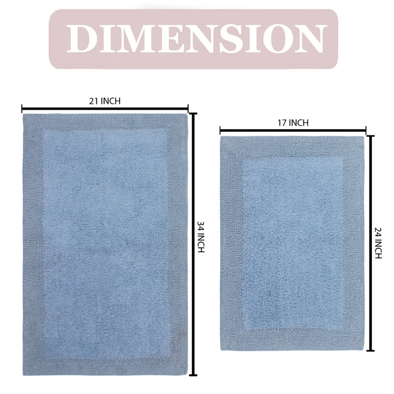 Luxury 100% Cotton Bath Rug (Set of 2) Reversible, Blue, 2PC Set (21"x34", 17"x24")