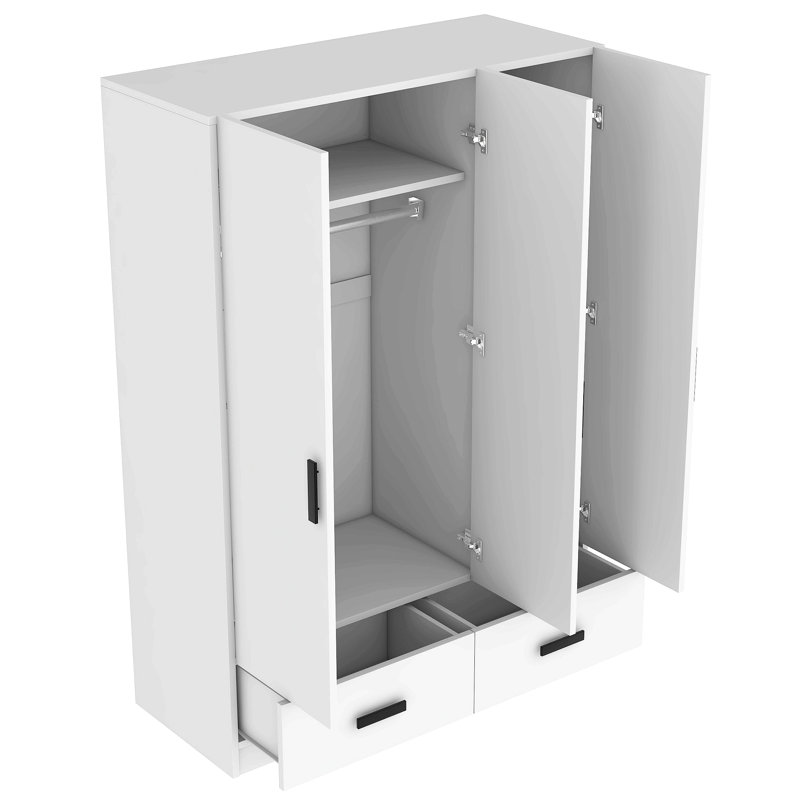Garde-robe 3 portes avec tiroirs de rangement, tablettes et tringle