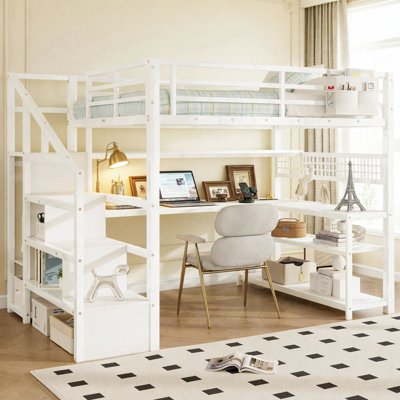 Full Size Loft Bed with Staircase and Wardrobe, Metal Loft Bed with Desk, Storage Shelves, LED Lights and Charge Station