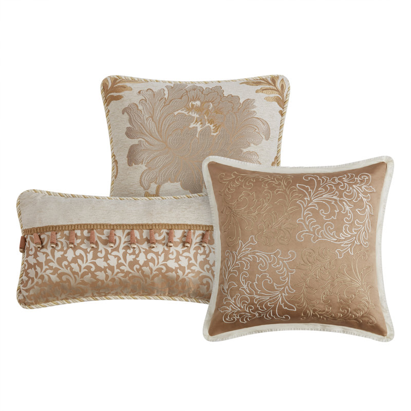 Ivory and Gold Embroidered Floral Jacquard Pillow Set