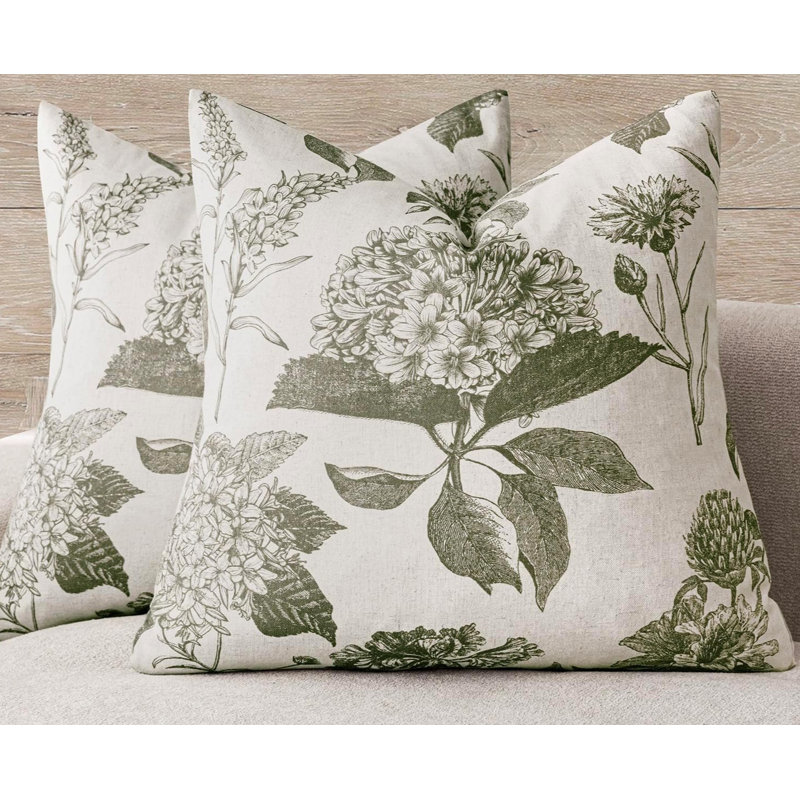 The Set of 2 Linen Floral Vintage Pillow Covers,, Cedar Green Floral, 18" x 18"