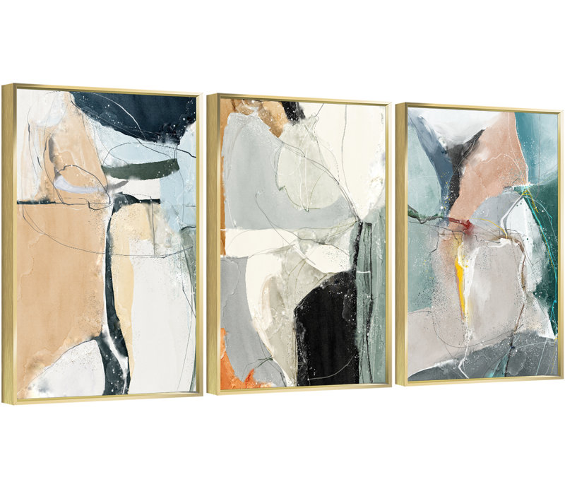 Abstract Aluminum Framed Wall Art - 3 Piece Floater Frame Print on Canvas, 24.3" H x 48.3" W x1.65" D, Gold