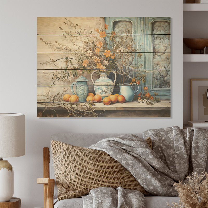 Flower Vase Oranges Country Farmhouse - Flowers Wood Panel Wall Art On Natural Pine Wood, 24" H x 32" W