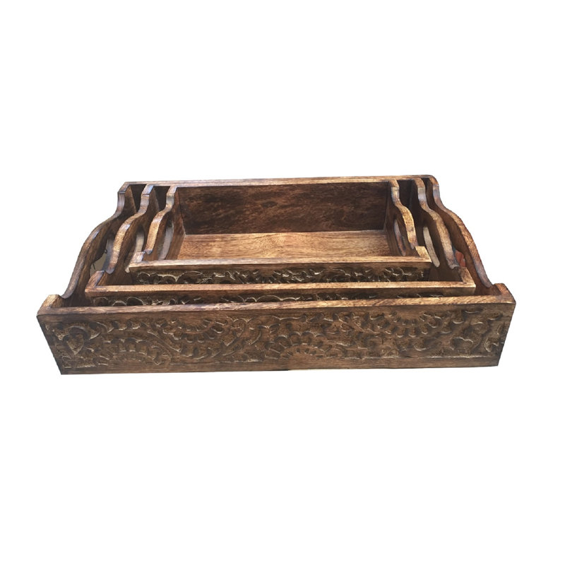 Glassman Solid Wood Tray - Set of 3, Brown, 8cm H x 31cm W x 20cm D