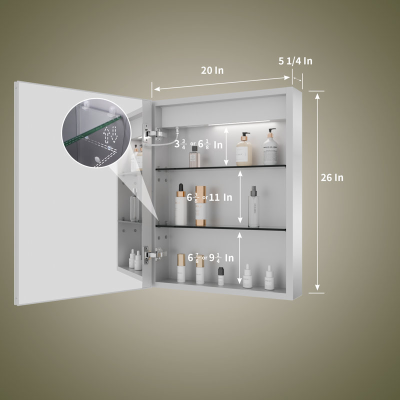 Pharmacie à DEL sans cadre avec miroir et 2 tablettes réglables l 20 po x H 26 po Livvi, Gauche