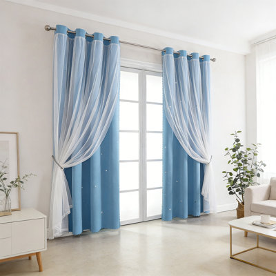 Double Layer Star Lace Blackouts Curtains 2-in-1 Sheer Star Patterns With Blackouts Liner Thermal Insulated Curtains For Bedroom Living Room