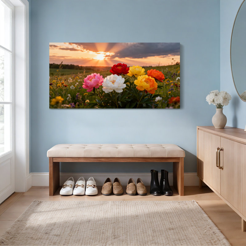 Ensemble de 1 tableau sur toile tendue représentant un coucher de soleil dans un champ de fleurs, H 28 po x l 58 po
