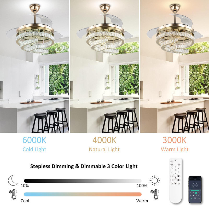 42'' Dimmable Ceiling Fan With Light And Remote Crystal Modern Chandelier Fan Retractable Fandelier With Memory, Silent Motor, 6 Speed, 3 Colour Change, Timer Function(Gold)